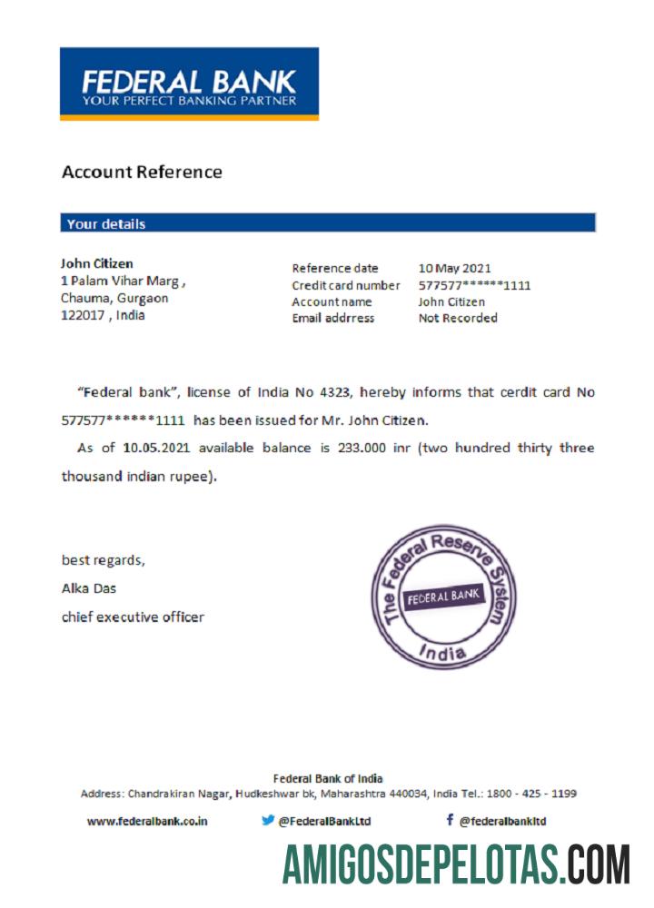 Referência do Banco Federal da Índia exemplo real